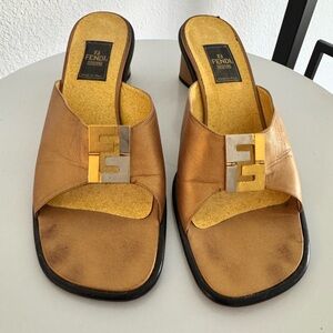 Authentic Fendi Women's Brown Slide Sandals with Gold-Tone Logo